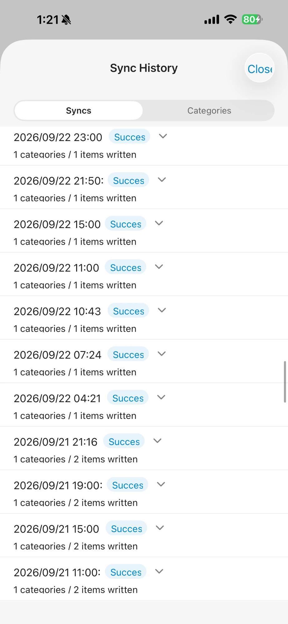 Sync History listing successful syncs